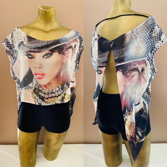 RIHANNA Fabulous NWOT Rhinestone SUBLIMATION Split Back TOP ONE-Size - Picture 8 of 11